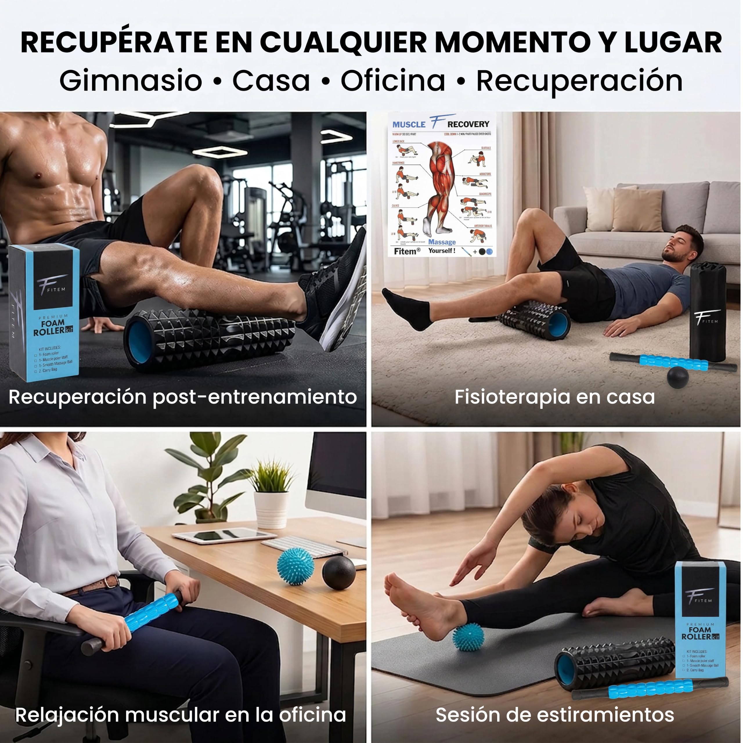 Fitem Set de rodillos de masaje Foam Roller, rodillo para espalda y músculos, ayuda a aliviar dolor de espalda, molestias musculares y puntos gatillo, favorece recuperación y bienestar