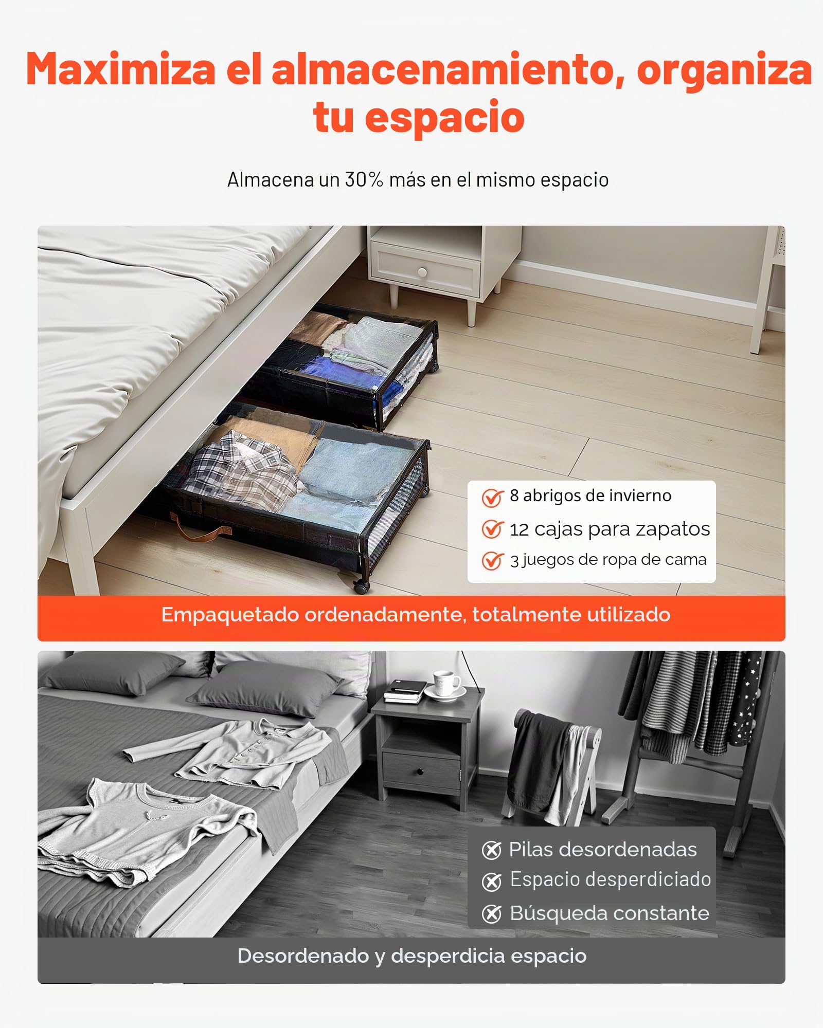VEVOR Contenedor de Almacenaje para Debajo de Cama con Ruedas 91,5 x 46 x 18,5 cm 2 Piezas Bolsa Bajo Cama con Tapa Transparente Organizador de Ropa, Zapatos, Mantas para Dormitorios, Salas de Estar