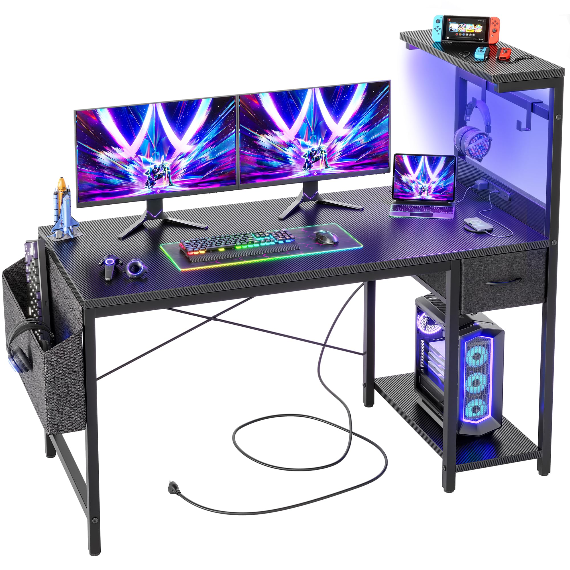 Amazon | TIQLAB LEDゲーミングデスク 120×50cm 電源コンセント付き