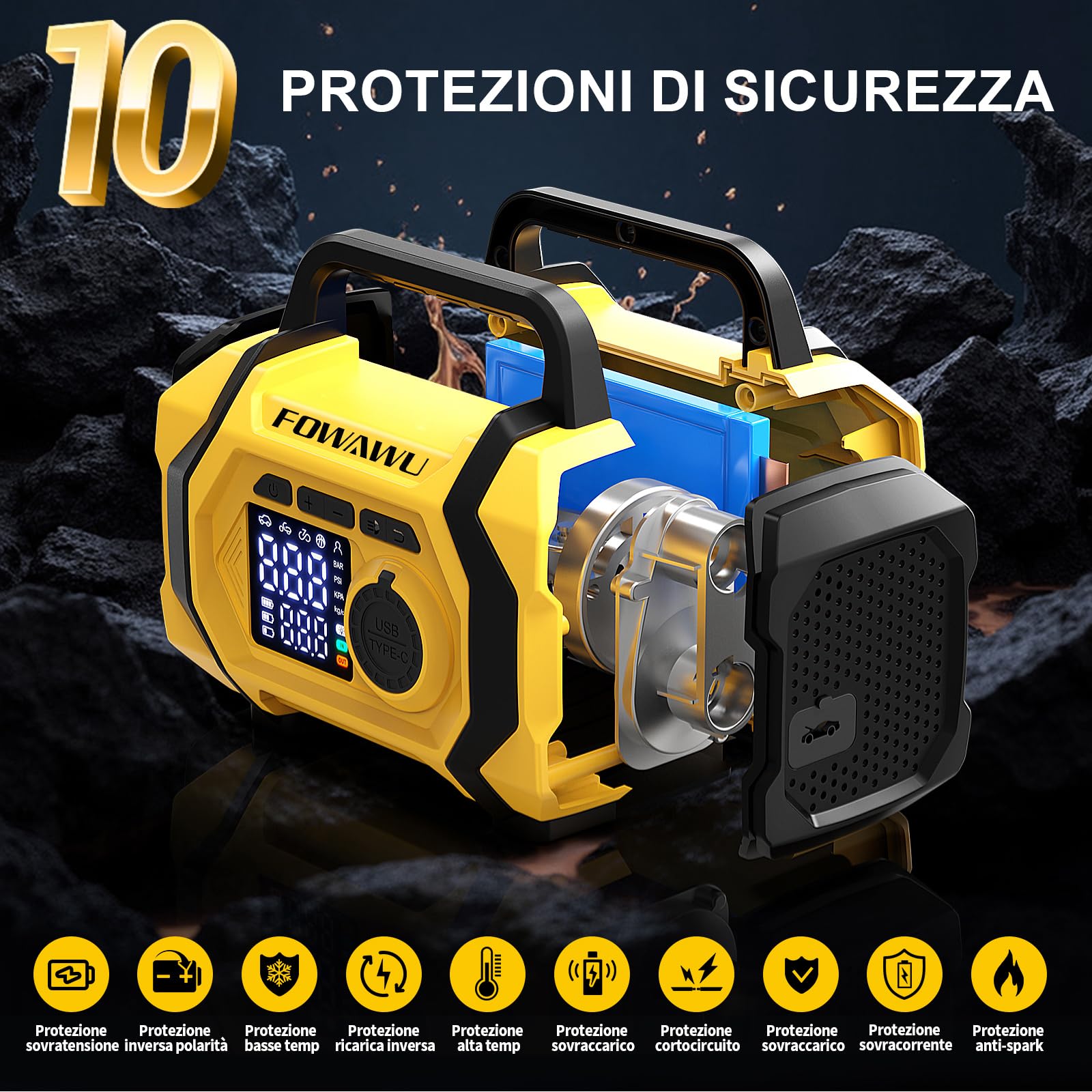 FOWAWU Avviatore Batteria Auto con Compressore 9 in 1, Avviatore Batteria 8000A 26800mAh(Tutti i Benzina e 10L Diesel), Compressore Aria Portatile 150psi con Schermo LCD Digitale Torcia LED