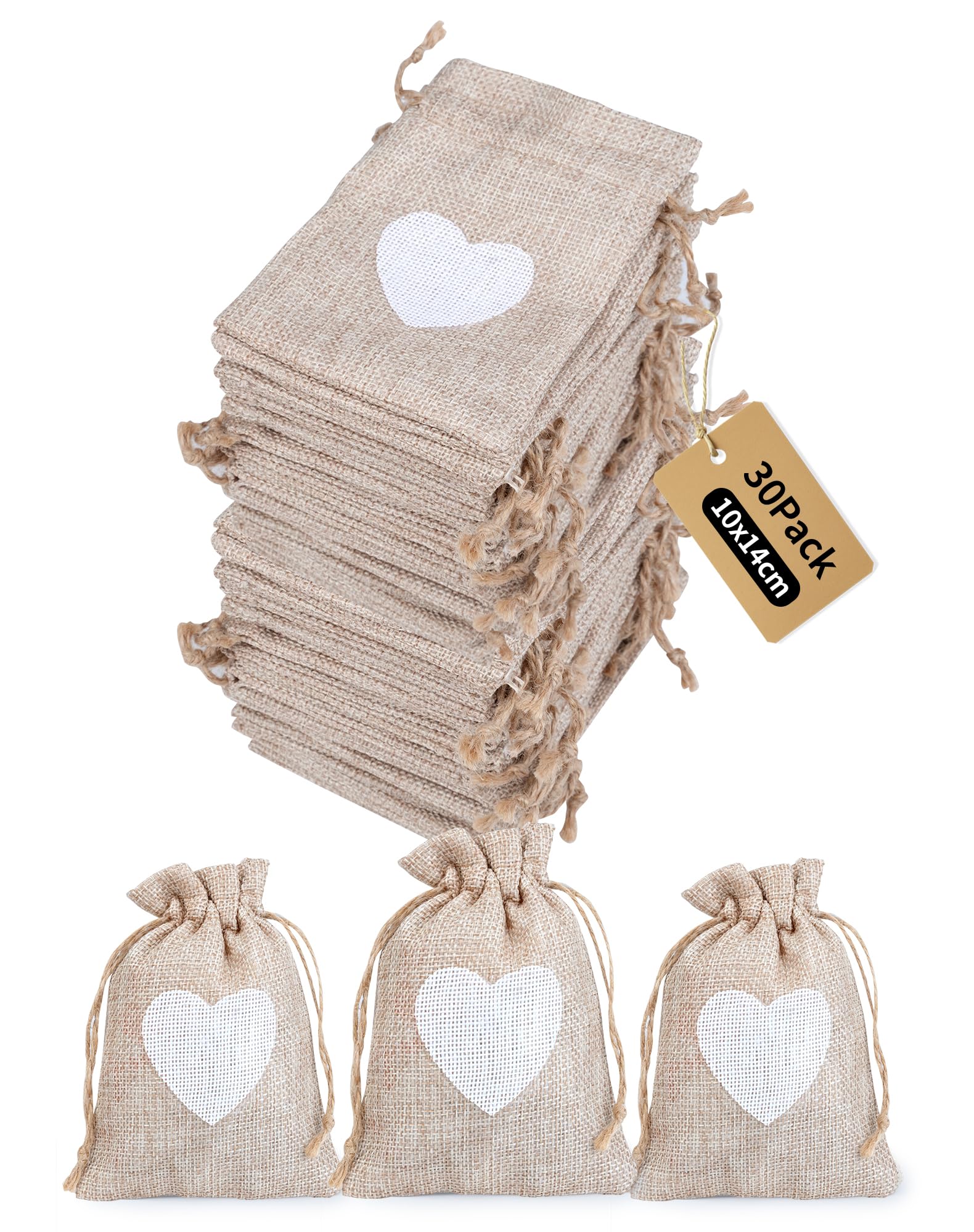 30x Stoffbeutel klein Geschenktüten JuteSäckchen zum befüllen 10x14cm Herz Jutebeutel Klein Leinensäckchen mit Zugband Geschenksäckchen für Lavendel Geschenke DIY Adventskalender Hochzeit Party