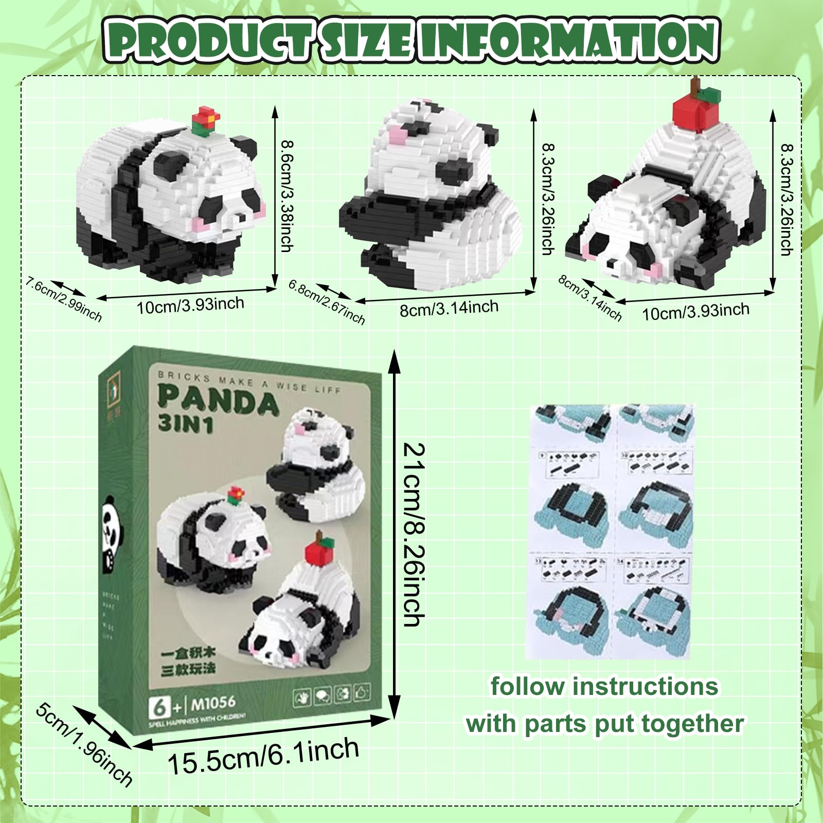zinuo Set di blocchi da costruzione Panda 3 in 1, set di blocchi da