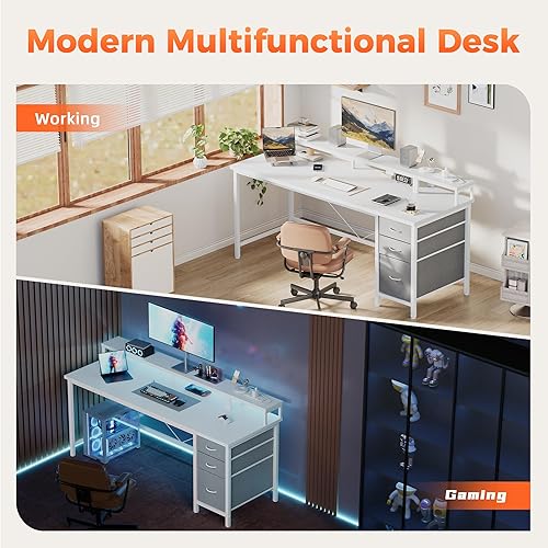 Miniatura 6 de Mericonia - Escritorio para computadora de 63 pulgadas con tomas de corriente y luces LED, escritorio para juegos con 3 cajones para oficina en