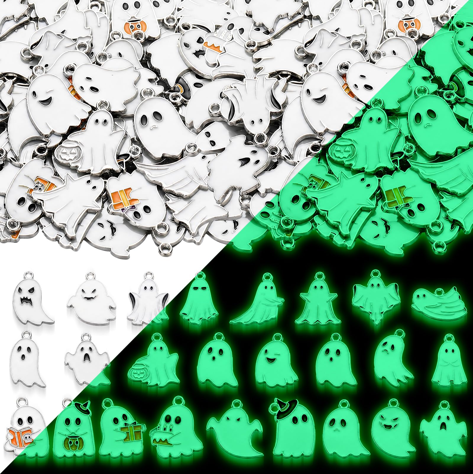 View 1 of 100 Pcs Halloween Ghost Charms for Jewelry Making Glow in The Dark Charms