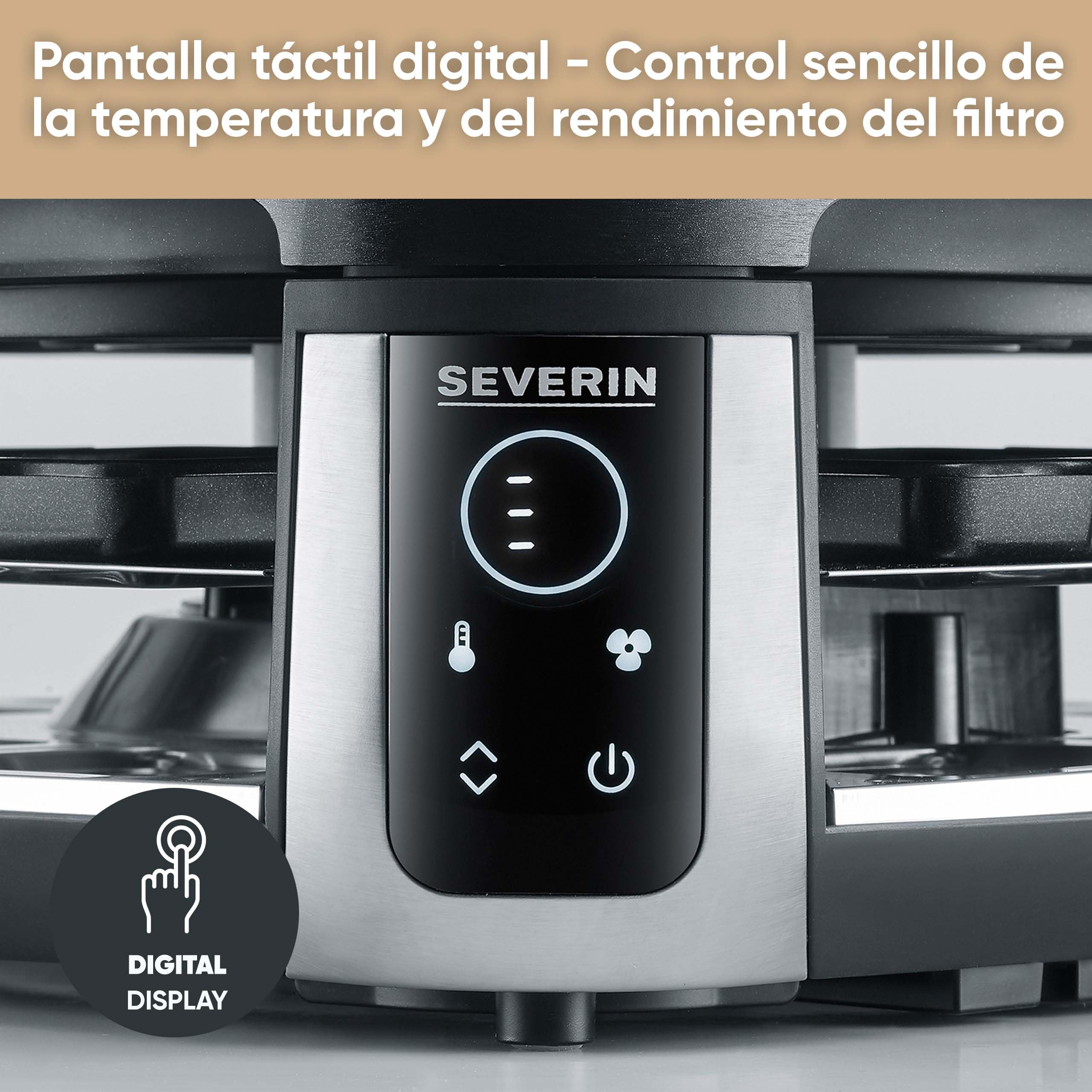SEVERIN Raclette Grill Digital con Filtro de Aire Circulante, Parrilla Eléctrica para 8 Personas, Placa y Sartenes Aptas para Lavavajillas, Control de Temperatura Digital RG 2350