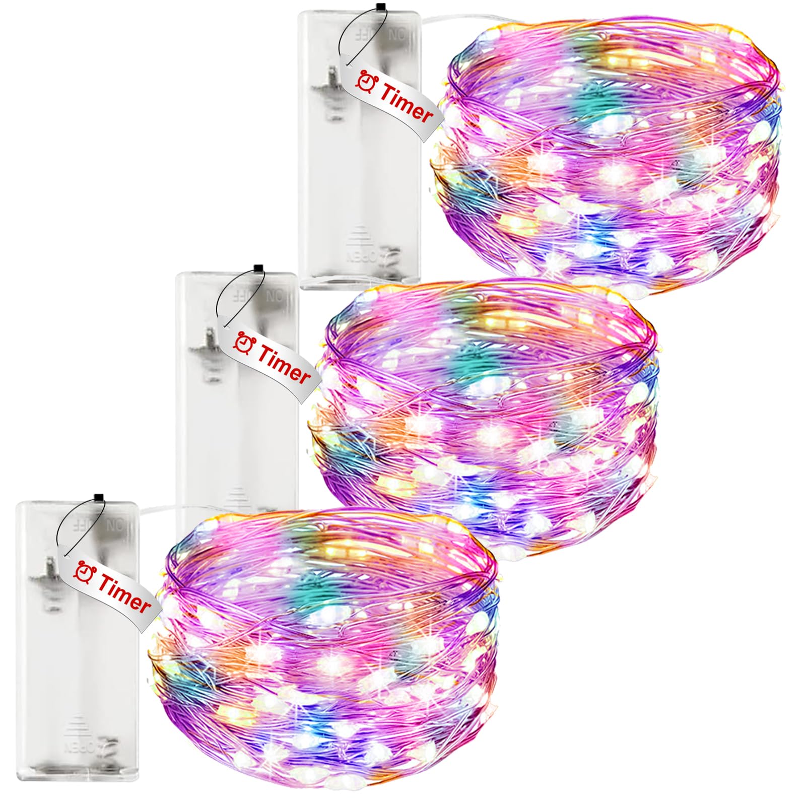 litogo 3 Stück LED Lichterkette Batterie mit Timer, 3M 30 LED Kupferdraht Lichterkette Innen, lichterketten batteriebetrieben (AA Batterie) für Party Weihnachten Halloween Hochzeit Deko, Mehrfarbig