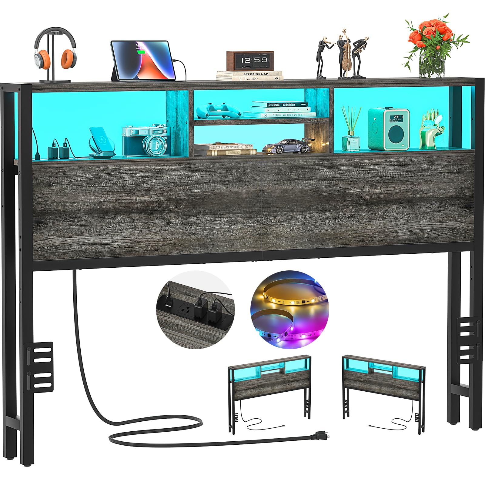 Photo 1 of Aheaplus Headboard for Queen Size Bed with Storage, Headboards with Outlets, USB Ports and LED Light, Queen Size Head Board Only, Height Adjustable, Reversible, Sturdy and Stable Headboard, Black Oak