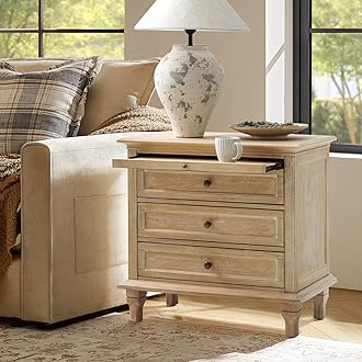Farmhouse 3 Drawer End Table with Tray, Drawer Organizer with Solid Wood Legs, End Table with Charging Station（Natural）