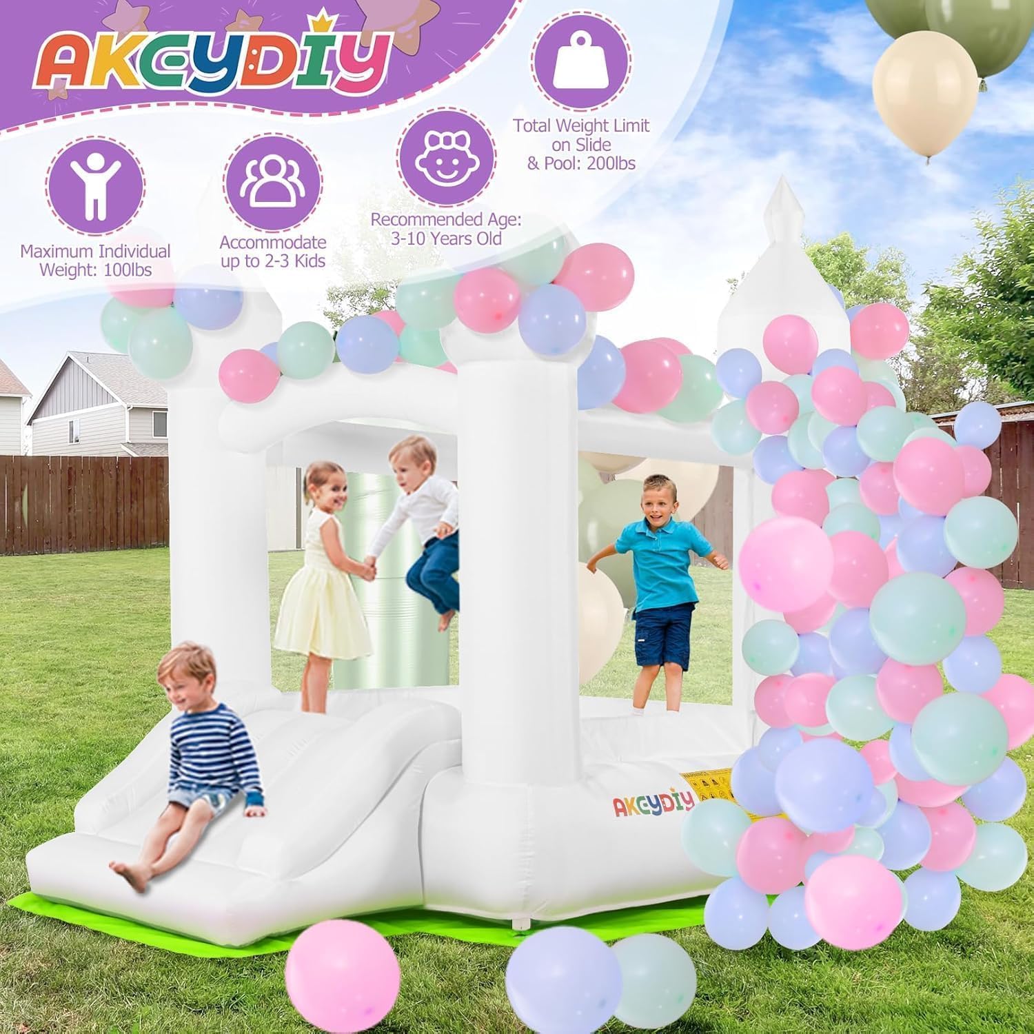 White Bounce House Indoor Outdoor Bouncy Castle for Kids Ages 3-8 Oxford Toddler Bounce House with Slide Balloon & Blower for 3 Kids, Children's Birthday Party Gifts (Bounce House)