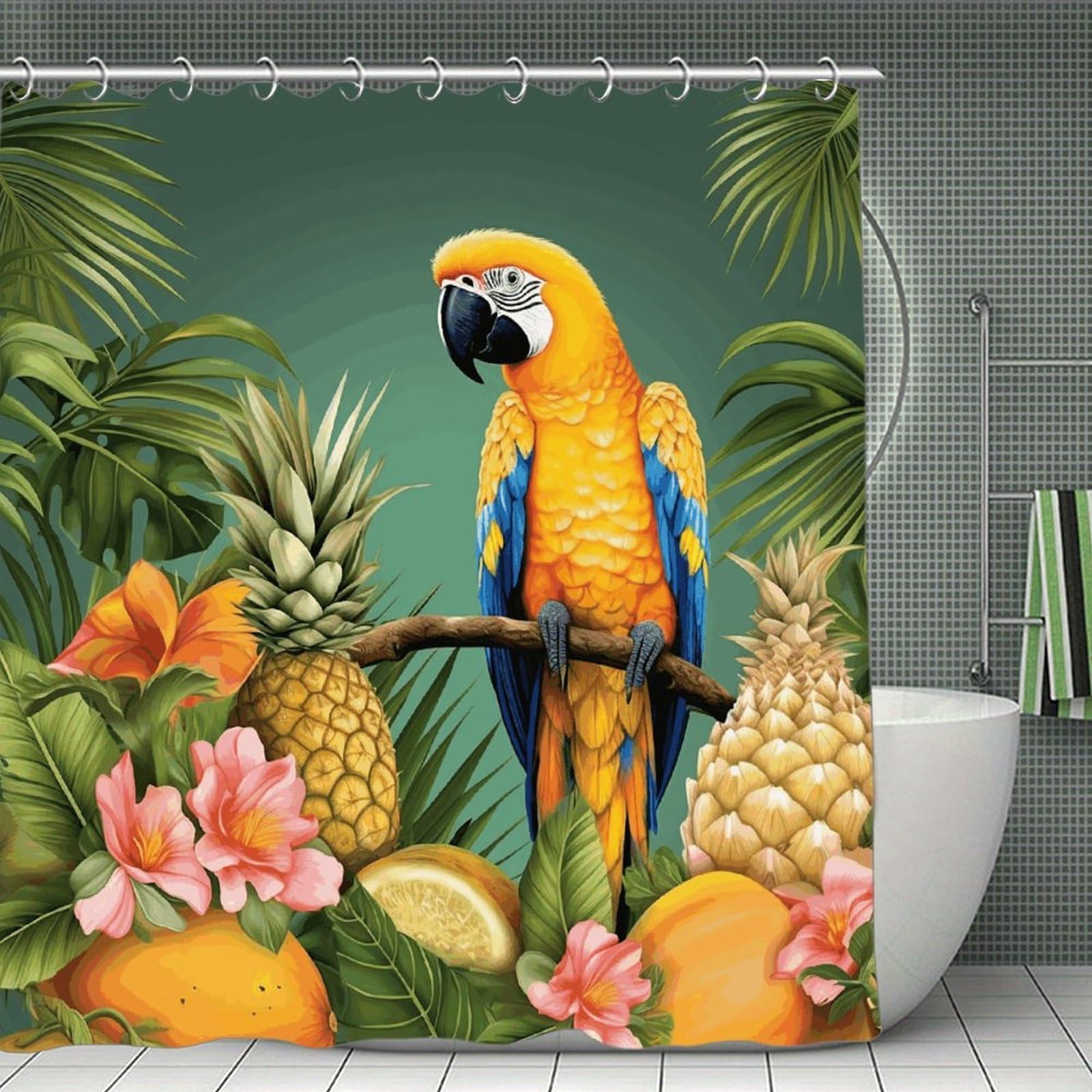 FekiLoot Summer Parrot Pineapple Bird Shower Curtain Thick Weighted Shower Curtain Classic Unique Bath Curtains Heavy Duty Long Showers Curtains for Bathroom Bath Tubs Machine Wash 70.8"x70.8"