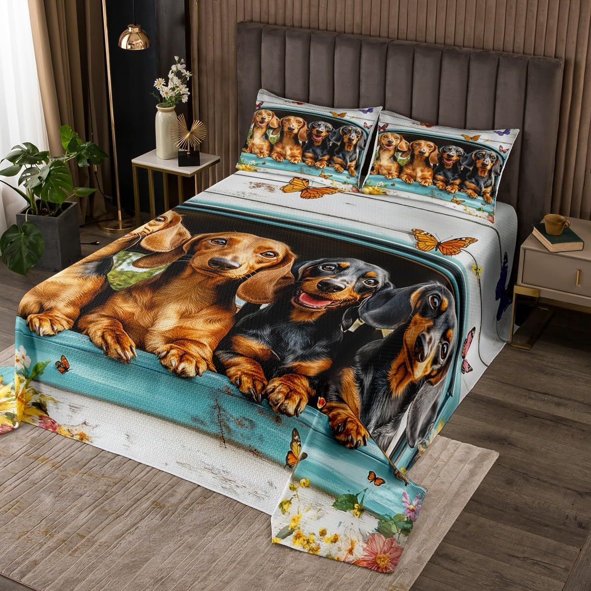Cute Dog Bedspread King Size,Retro Rustic Style Quilt for Kids Boys Girls Room Decor,Butterfly Sunflower Bedding Set 3Pcs,Dog Animal Vintage Wooden Stripes Coverlet Set,2 Pillowcases