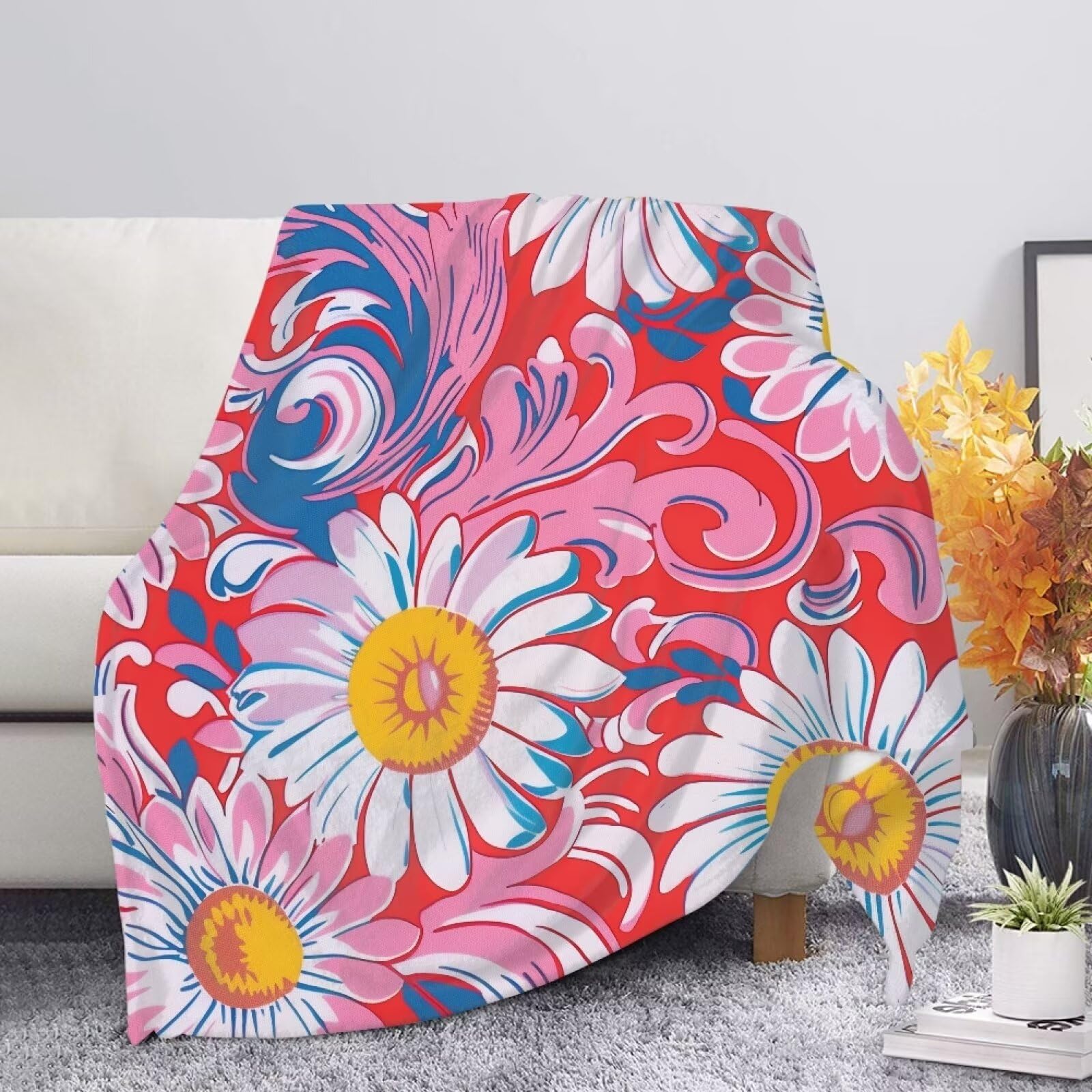 Allcute Print Throw Blanket for Couch Sofa Aesthetic Daisy Blanket for Women Soft Warm Lightweight Outdoor Travel Sofa Throws Red Fall Blanket Home Decor