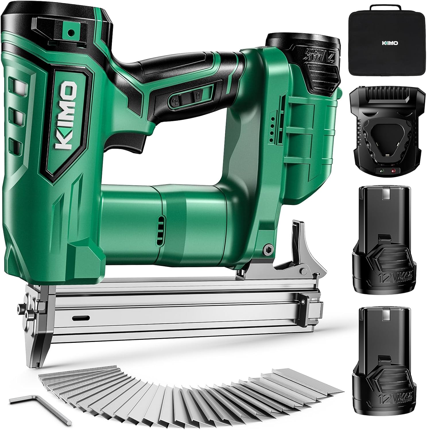 KIMO 18 Gauge Nail Gun Cordless with Battery 2.0Ah X2, 5000pcs Nails, 180 Nails/min, Single & Contact Firing, LED Light, Fast Charger, Adjustable Depth Brad Nailer Cordless for DIY Woodworking Framing Brad Nailer 12V 2 Batteries