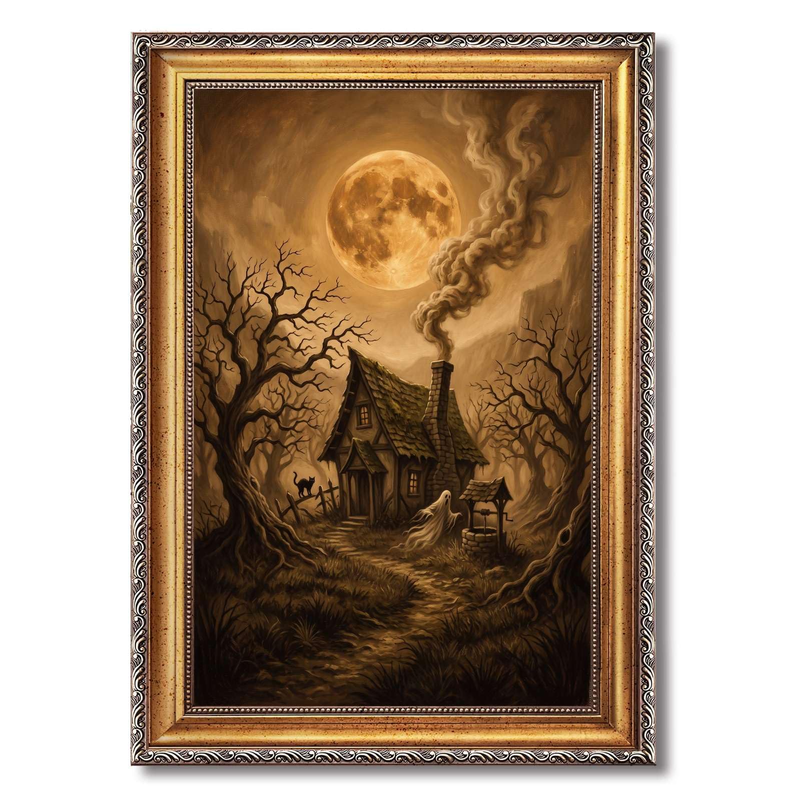 Cuadro decorativo vintage de cabaña embrujada con luna llena, impresión en