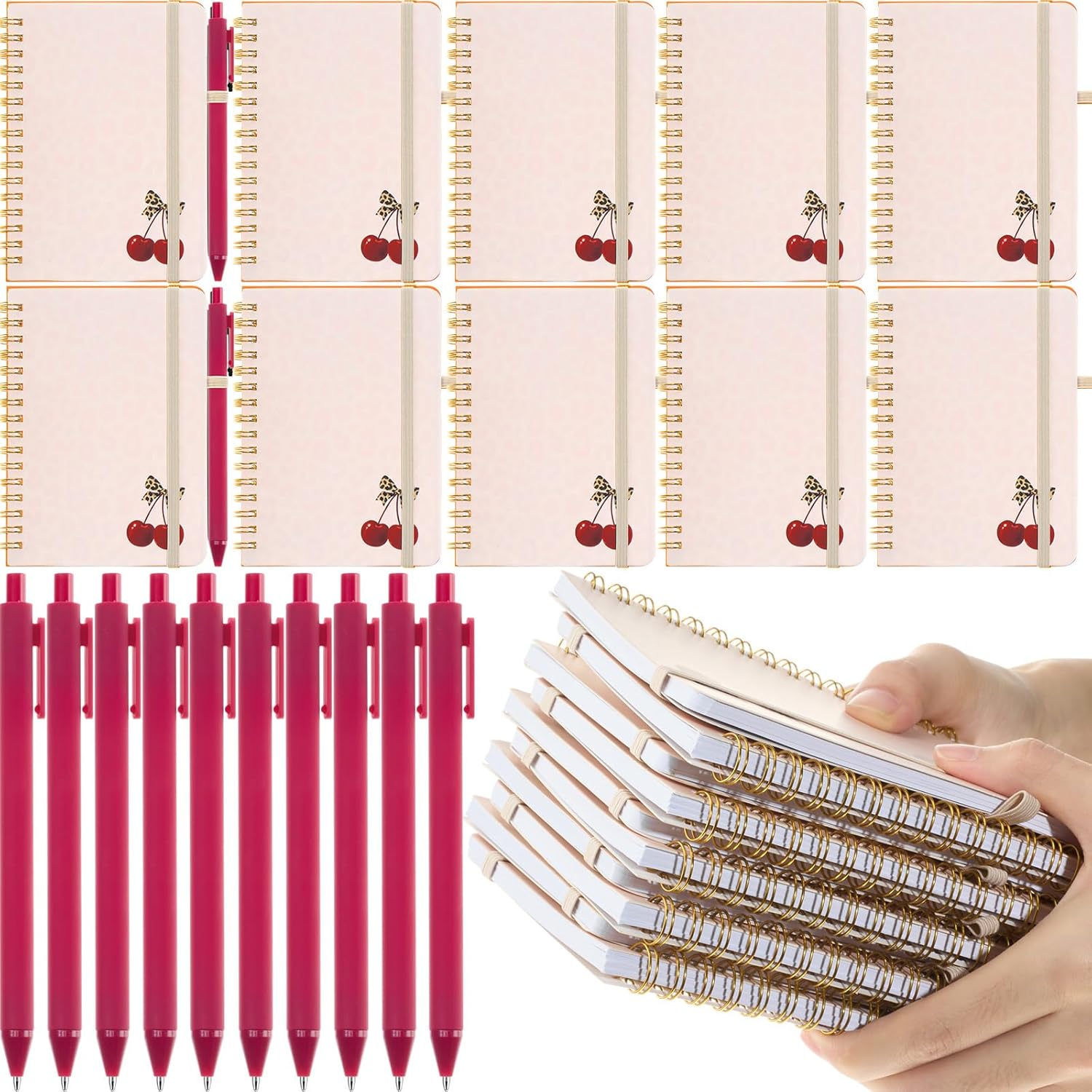 Fulmoon 24 Set Cherry A6 Spiral Notebook with Ballpoint Pens 50 Sheets, 4"x 6" Small College Ruled Notepads Journaling Notebooks Bulk for Back to School Supplies Offices Team Cherry Birthday Gifts