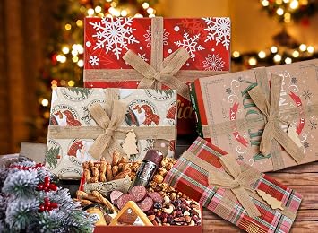 Christmas Gift Boxes with Lids for Presents Large Set of 4 Gift Boxes Bulk Red Brown in Assorted Designs with Bows Decor Wrapping Robe Boxes Xmas Gift Boxes for Christmas Birthdays Wedding Wrap Gifts