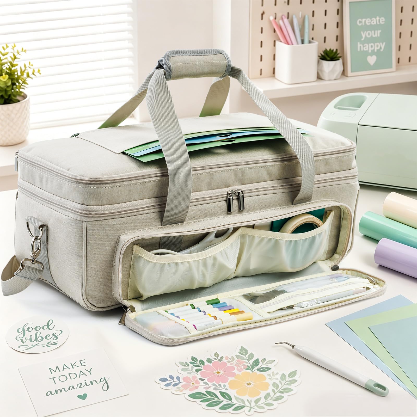 AMOIGEE Doppellagige Tragetasche für Cricut Explore 5, Zubehör und Lieferanten, Aufbewahrungstasche mit Vinyl-Rollen-Organizer, Schneidematten-Tasche, sichere Maschinengurte und reisefreundliches