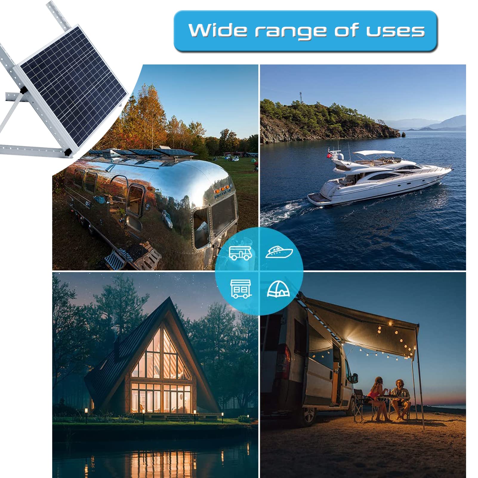 Kit di staffe di montaggio regolabili per pannello solare inclinabile – Sistema di supporto in lega di alluminio per pannelli da 250 ~ 300 W, ideale per tetto/barca/superfici piane, 2 paia