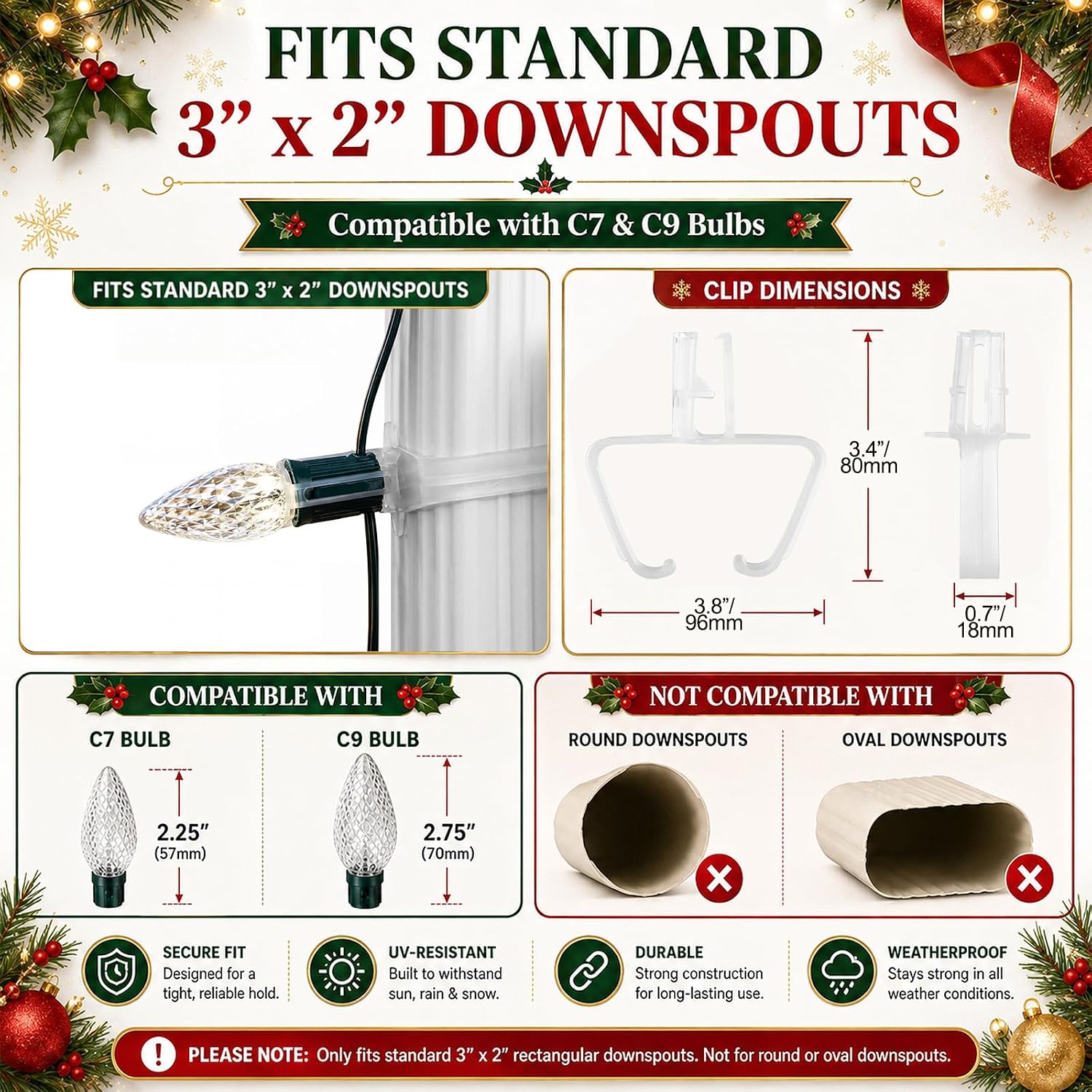 Yookeer 25 Pack Downspout Christmas Light Clips for C9 & C7 Bulbs, Outdoor Christmas Gutter Clips for 3 x 2 Inch Downspouts, Outside Clear White Plastic Light Clip for Xmas Holiday Decorations
