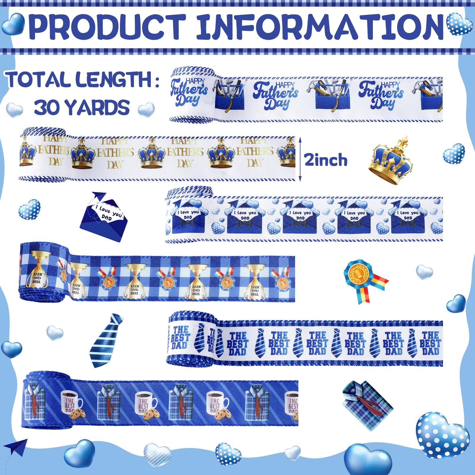 Yuxung 6 Rolls 30 Yards Father's Day Blue Gift Craft Ribbon for Happy Father's Day Party Decorative Ribbon Gift Wrap Ribbon for Wrapping Gifts Making Bow Box Table Decor