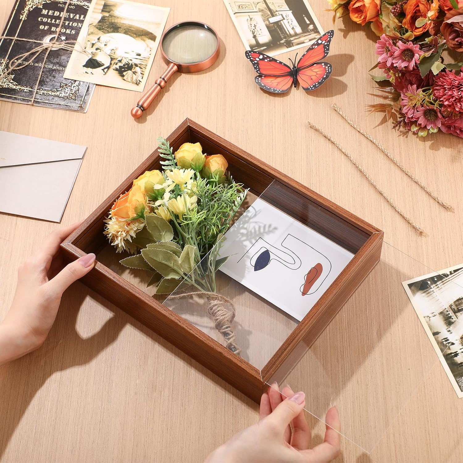 Wenqik 4 Pack Shadow Box Frame Transparent Shadowbox Display Case Wood Deep Picture Frame with Soft Felt Back for Photos Dried Flowers Memorabilia Handicrafts Keepsake(Walnut)