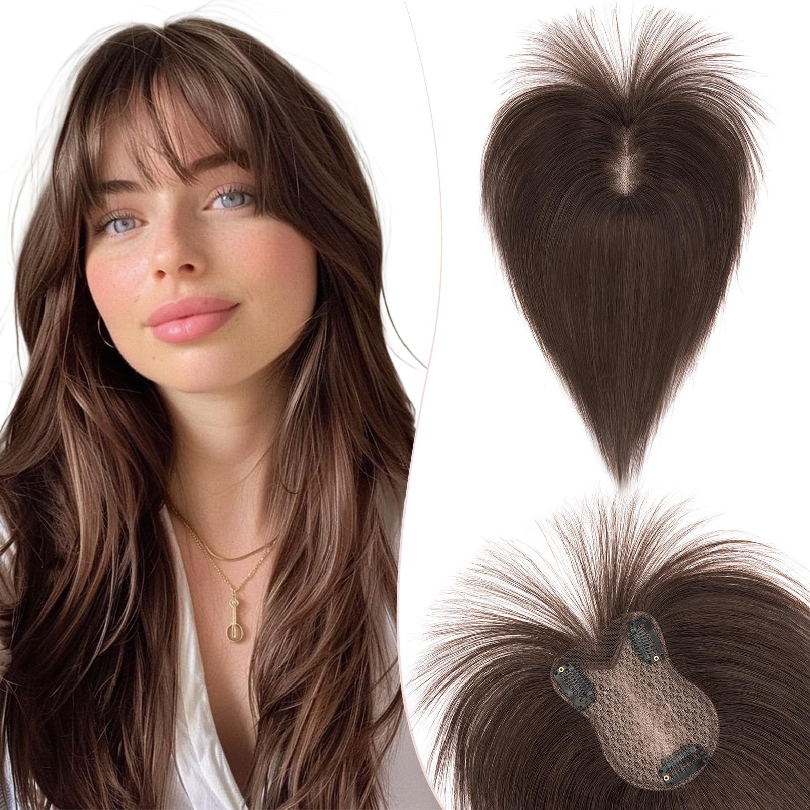Silk-co Hair Topper Echthaar 21g, 8x11cm handgebunden Basis Toupet Damen, Clip in Haarteile mit Spitzen-Seidenbasis, mit Pony, 27cm #02 Dunkelbraun