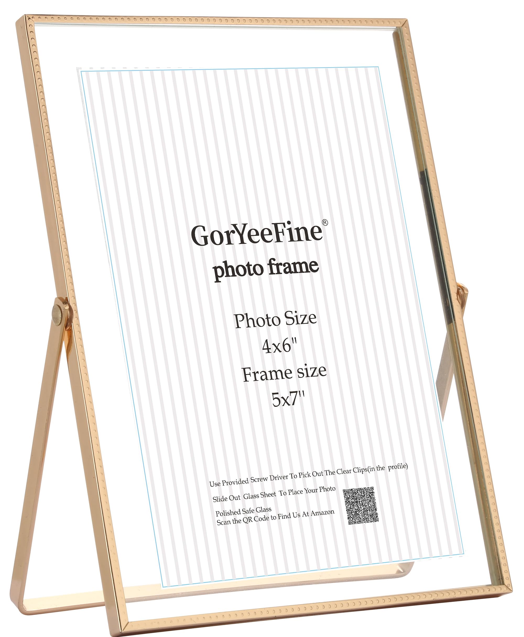 Gold 5x7'' Floating Picture Frame,for Photo Sizes(3.5x5'' or 4x6''),Beautiful Metal Beaded Edge Frames Adjustable Tabletop/Shelf Photo Frame,Classy Gift Choice for Wedding,Birthday or Christmas Gift