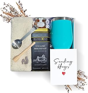 Tea Gift Set for Women – Get Well Basket with Cozy Socks, 18 Full Leaf Sachets, Honey, Tumbler & Sending Hugs Card (English Breakfast)