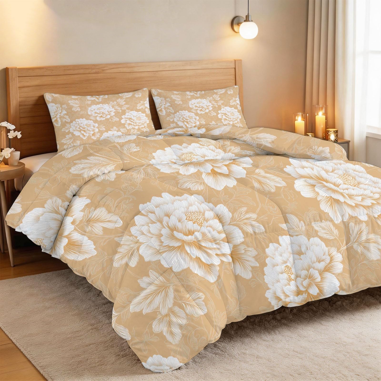Couette imprimé floral chinois traditionnel beige 220x240 cm avec 2 taies d'oreiller douces