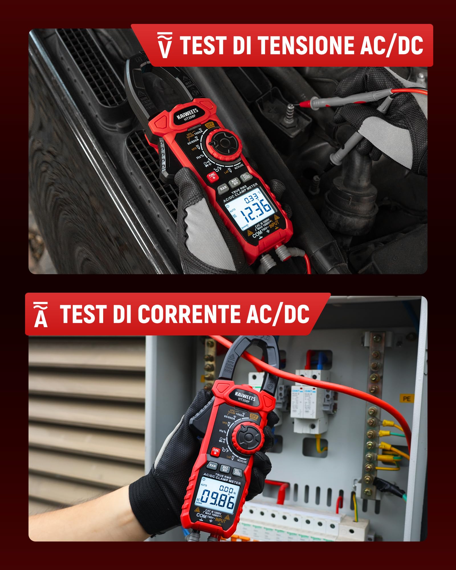 Pinza Amperometrica KAIWEETS AC/DC 1000A, Amperometro Digitale Con Conteggio 6000, Modalità VFD e LOZ, Schermo Bianco e Nero Aggiornato, AC/DC, Resistenza, Capacità, Misurazione Di Sovracorrente
