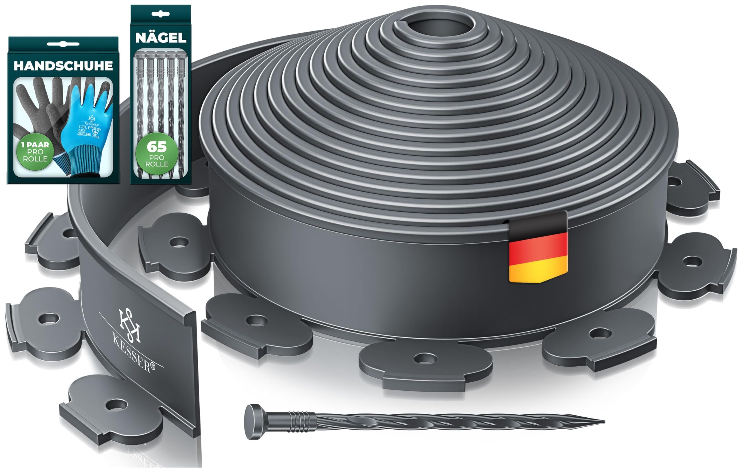 KESSER® Flexibele Gazonrand Van Kunststof, Lengte 10 M, Hoogte 5 Cm Met 65 Grondankers 1 Paar Handschoenen Borderrand Bloembegrenzing Maaikant Bestratingstenen Palissade Antraciet 2071278622
