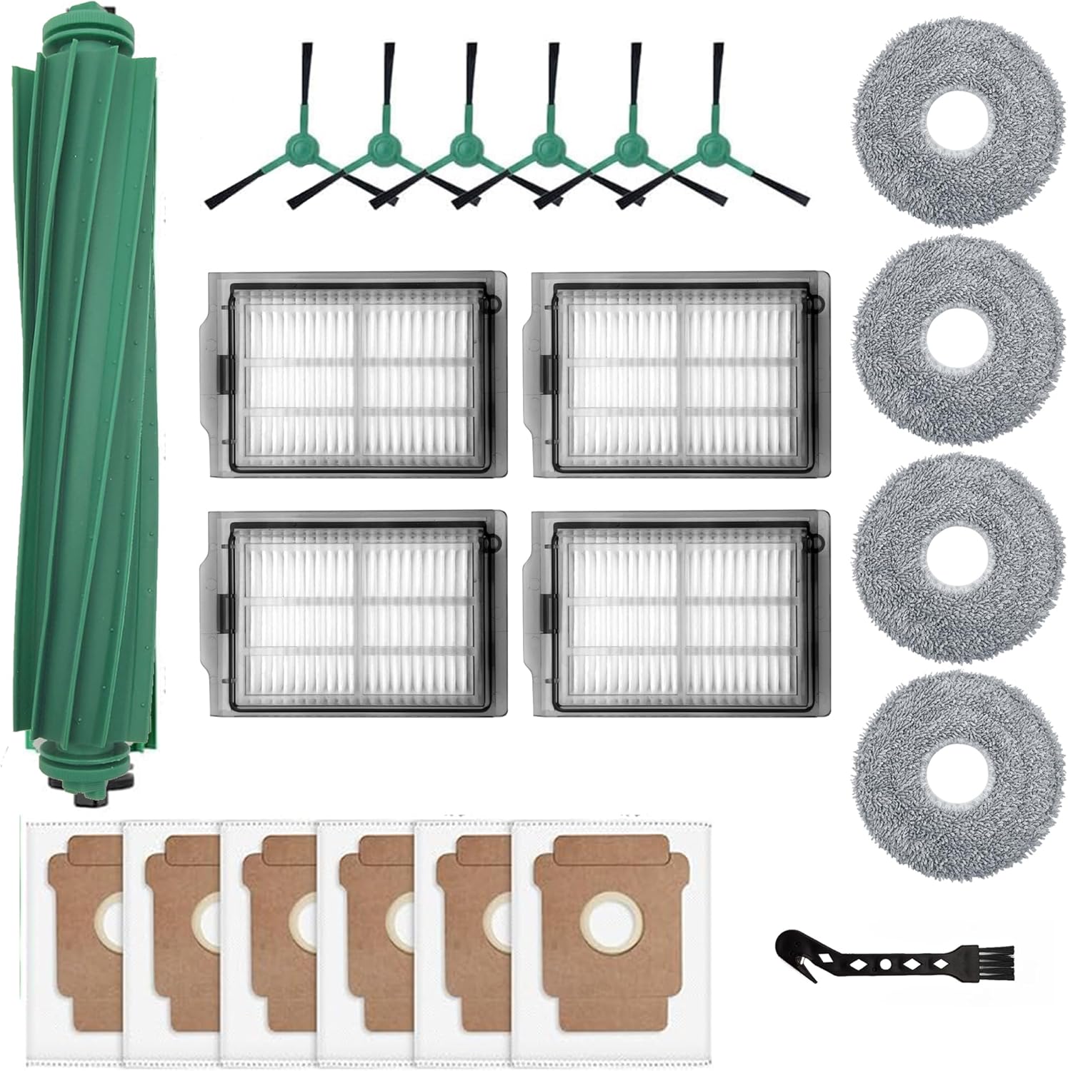 Replacement Parts for iRobot Roomba Plus 405/505 Combo Robot Vacuum Cleaner.1Rubber Main Brush,4Mop Pads,4Filters,6Side Brush,6Dust Bag,1Cleaning Brush.