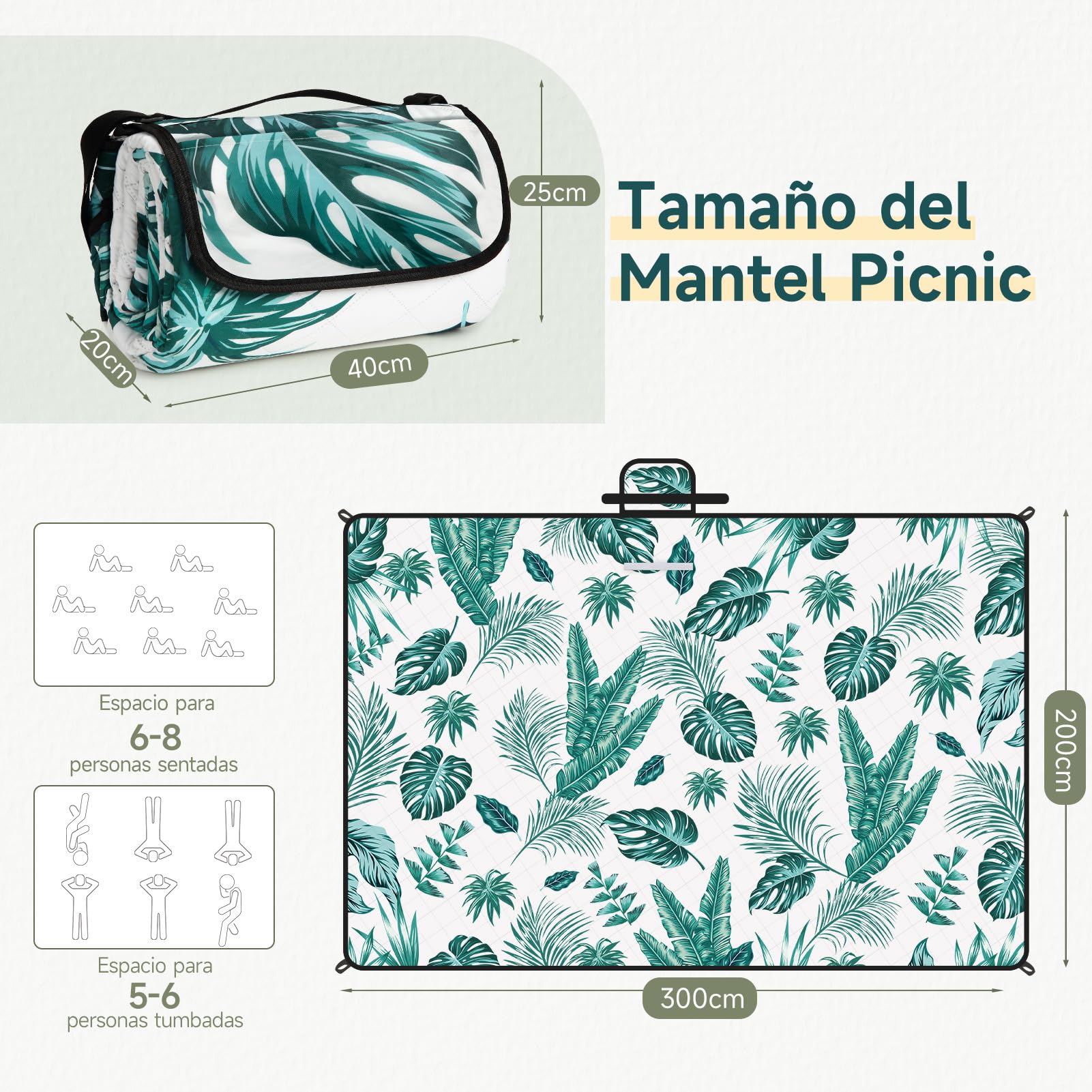 HAUSPROFI Manta de Picnic 200x300 cm, Impermeable y Aislante - Mantel Picnic Extra Grande para Playa, Camping, Aire Libre. Plegable & Acolchada, Portátil, Asa & Piquetas, Lavable e Indeformable