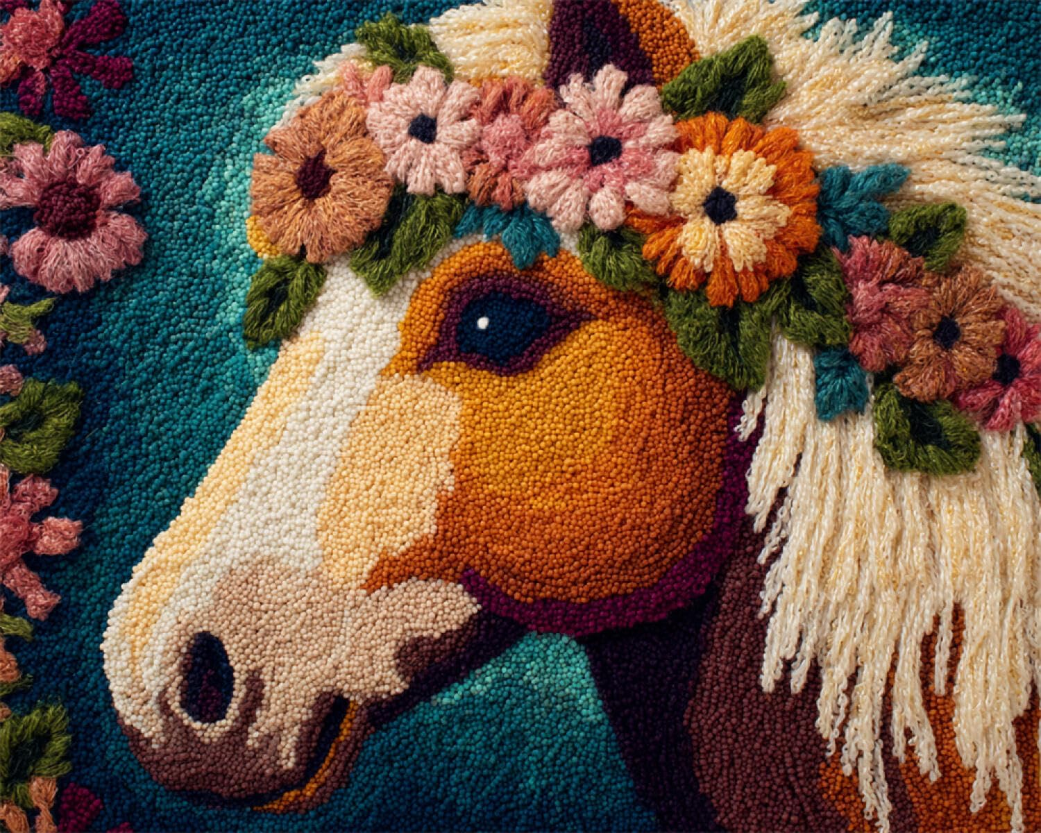 Henypt DIY Latch Hook Rug Kit Horses and Flowers 55x75cm