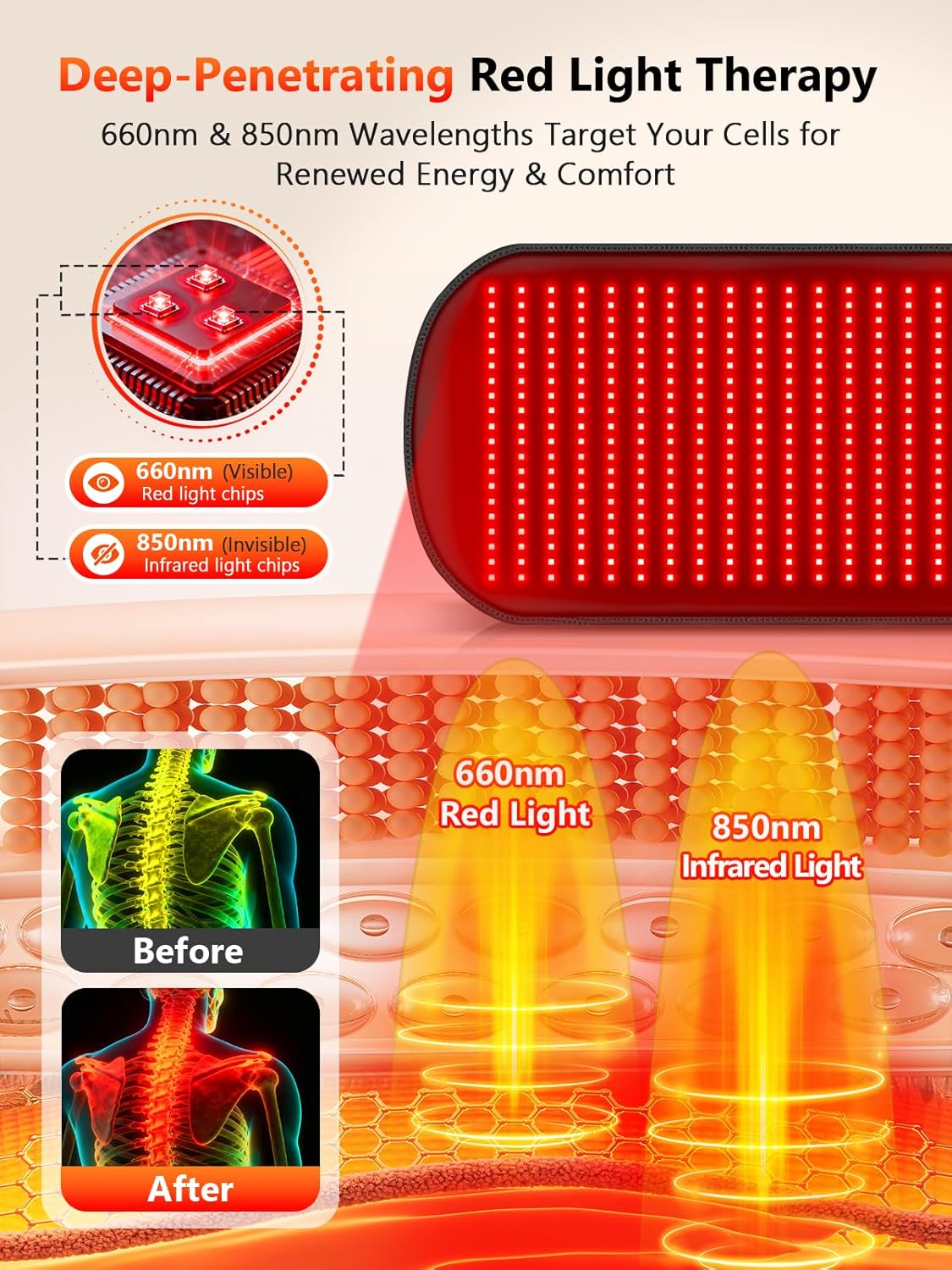 HALIDODO 35.4'' x 17'' Red Light Therapy Mat for Body, 500 LEDs Tri-Chip Upgrade 660nm& 850nm Near Infrared Light Therapy Pad Wrap Belt Blanket for Body Back Waist Shoulder Knee Joint, 90Min Timer - Image 6