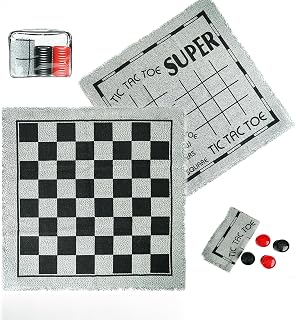 3-in-1 Vintage Giant Checkers and Tic Tac Toe Board Draughts Reversible Rug Game, Big Checker Floor Game Mat, Family Board Game, Lawn Game, BBQ Party Favor, Indoor and Outdoor