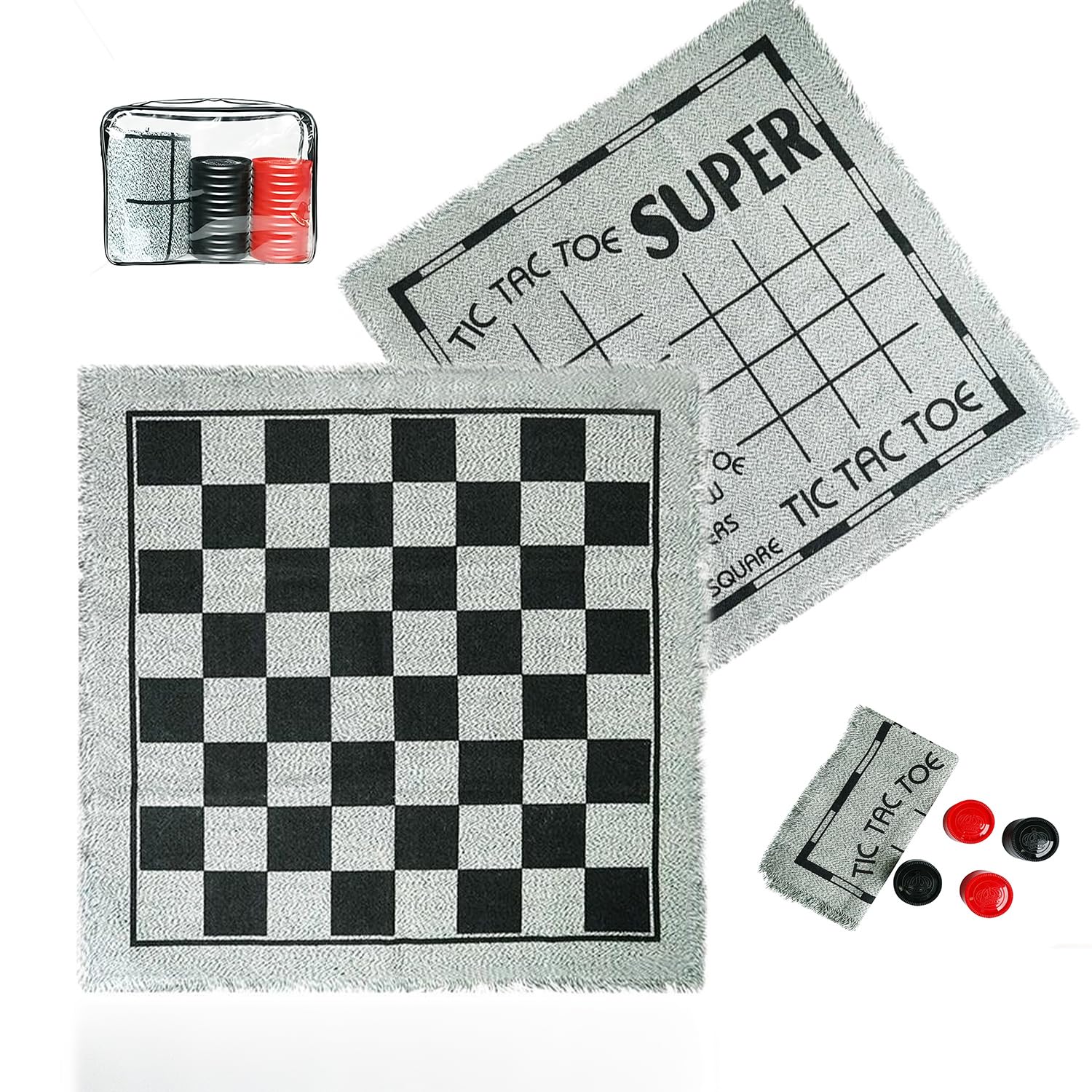 3-in-1 Vintage Giant Checkers and Tic Tac Toe Board Draughts Reversible Rug Game, Big Checker Floor Game Mat, Family Board Game, Lawn Game, BBQ Party