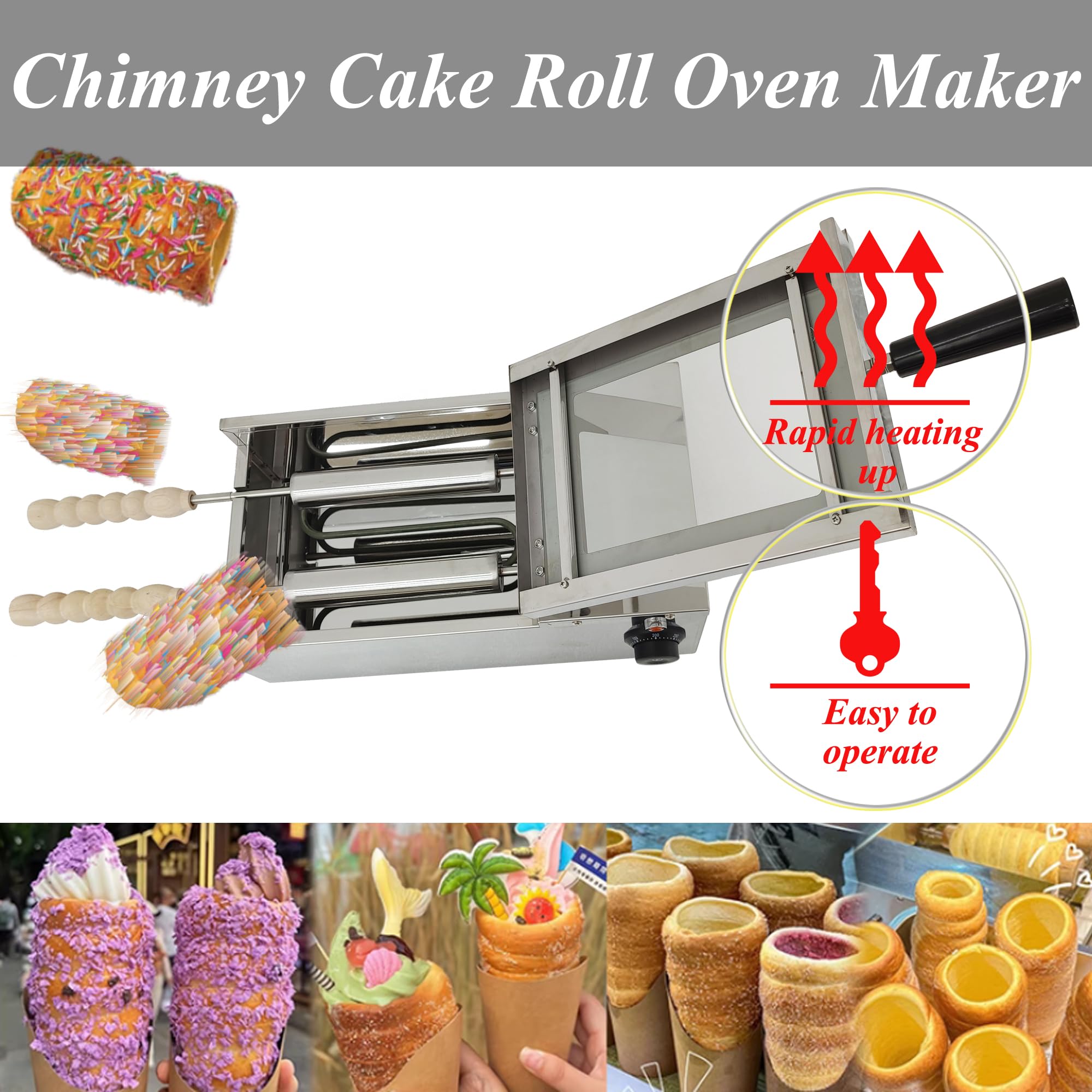 HQHAOTWU Chimney Cake Roll Oven Maker Chimney Cake Oven Machine Mini Electric Cone Chimney Bread Roll Maker Stainless Steel Toaster Machine 2 Stations Chimney Cake Making Machine 110V