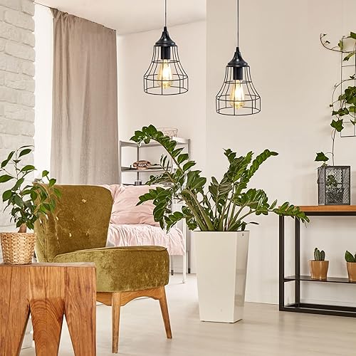 Miniatura 7 de JHY DESIGN Lámpara colgante negra alimentada por pilas, lámpara colgante decorativa de jaula de metal con temporizador de 6 horas para bar,