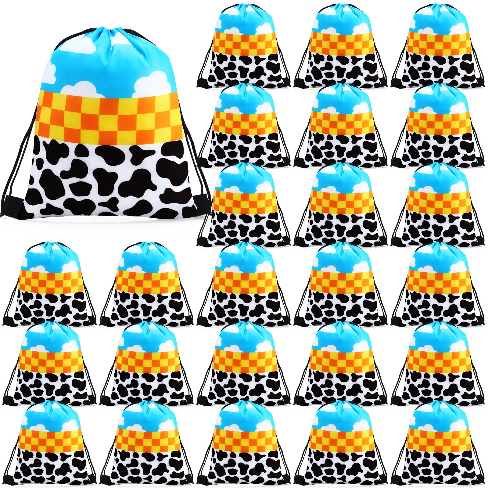 Abbylike 24 Pcs Cartoon Party Favor Bags Birthday Gift Candy Goodies Treat Drawstring Backpacks for Blue Sky Cloud Cow Party Room Decoration Prizes