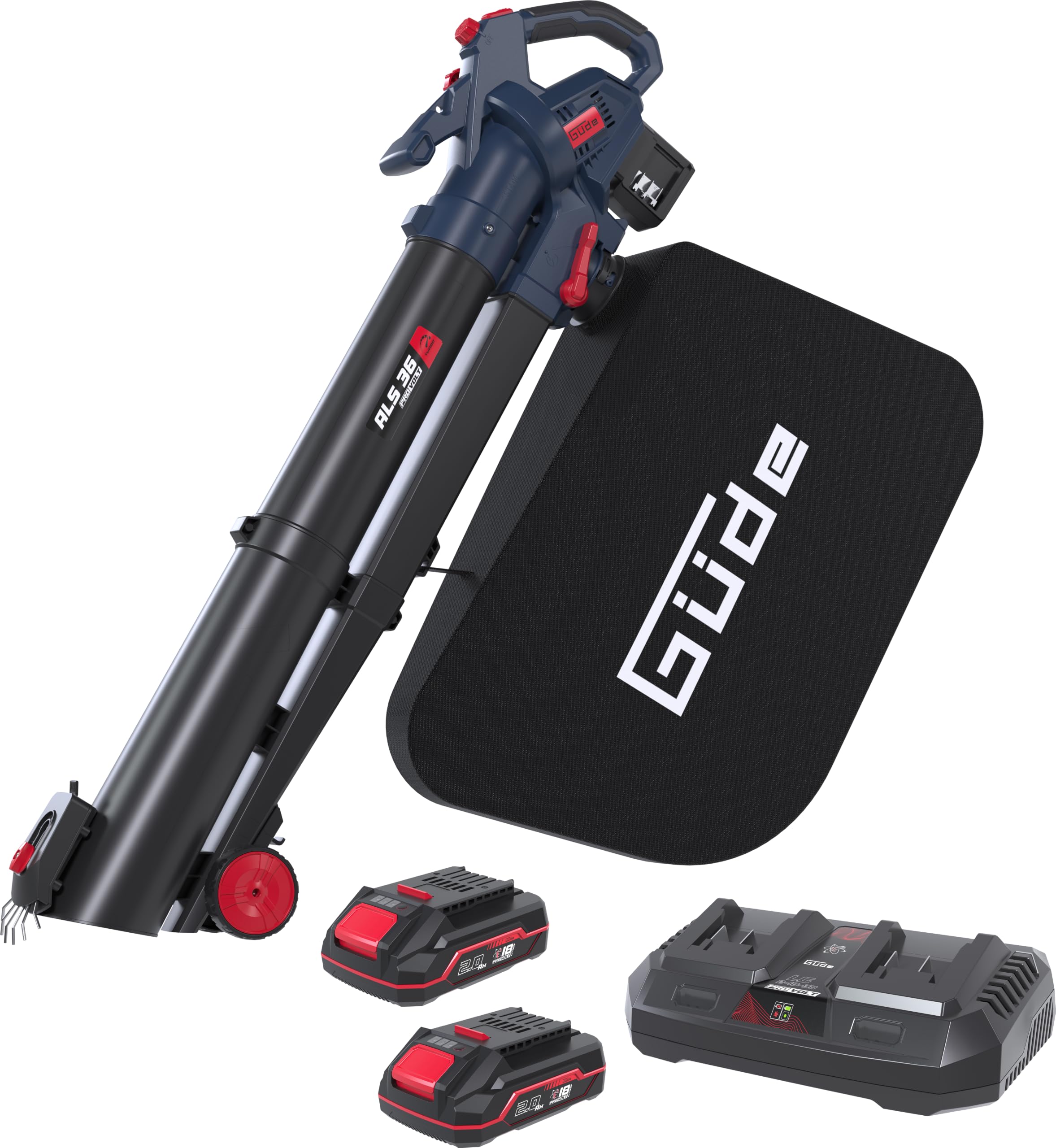 Güde Akku Laubsauger ALS 36-202-30-2 Stück 2 Ah Akkupack, Doppelladegerät | Saugen, Blasen, Häckseln, Vario-Speed mit Turbo, Blätterkralle, Reinigungsklappe, einstellbare Fahrrollen, 45 Liter Fangsack