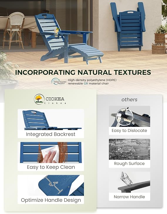 Ciokea Folding Adirondack Chair with Retractable Ottoman Fire Pit Patio Chair with Pull Out Foot Rest Weather Resistant Lawn Outdoor Lounge Chair with 2 Cup Holder (Navy Blue)