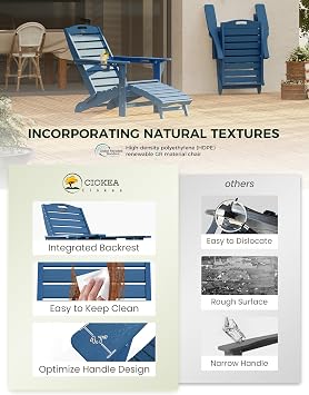 Ciokea Folding Adirondack Chair with Retractable Ottoman Fire Pit Patio Chair with Pull Out Foot Rest Weather Resistant Lawn Outdoor Lounge Chair with 2 Cup Holder (Navy Blue)