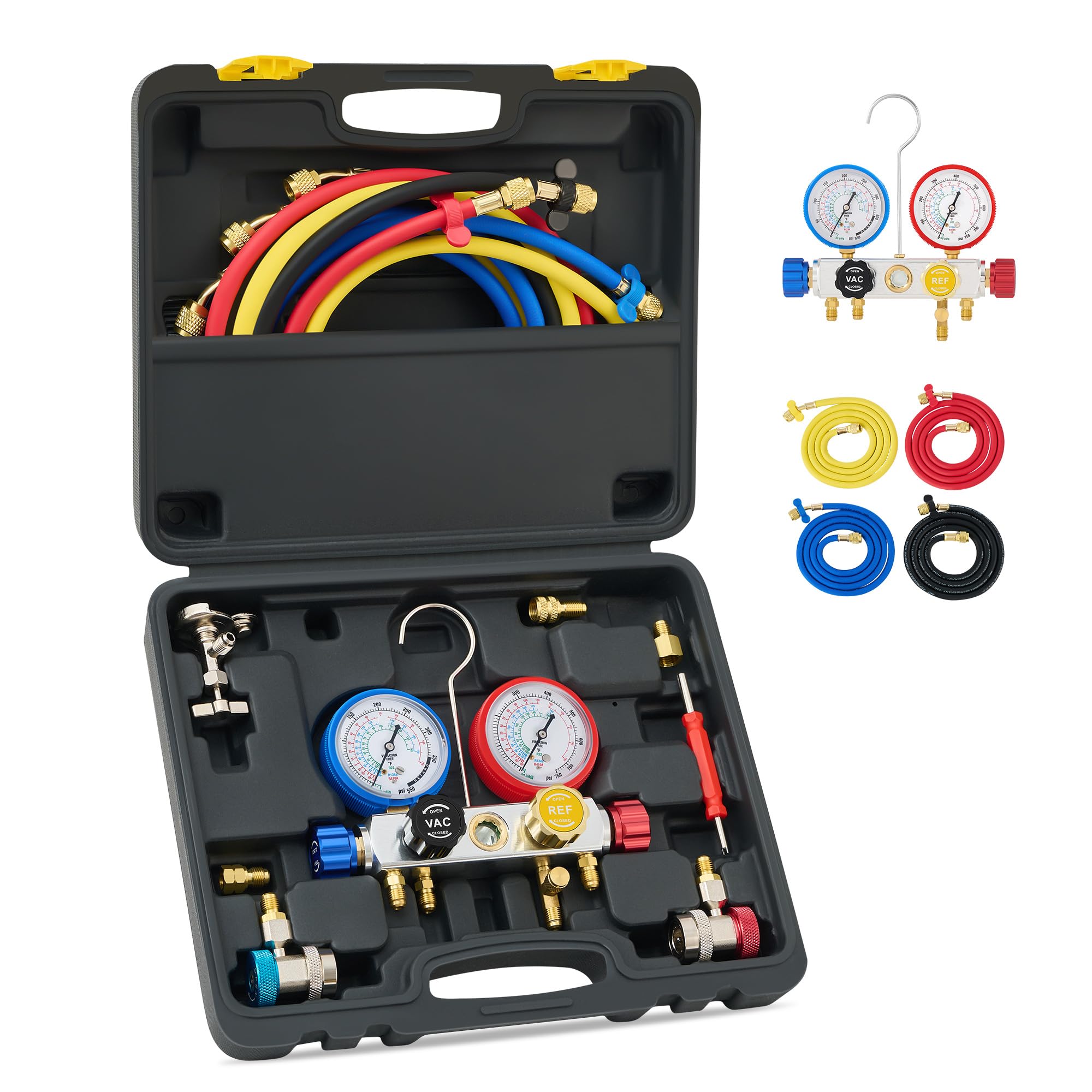 4 Way AC Diagnostic Manifold Gauge Set, Fits R134A R410A and R22 Refrigerants, with 5FT Hose, 3 Tank Adapters, Adjustable Couplers and Can Tap
