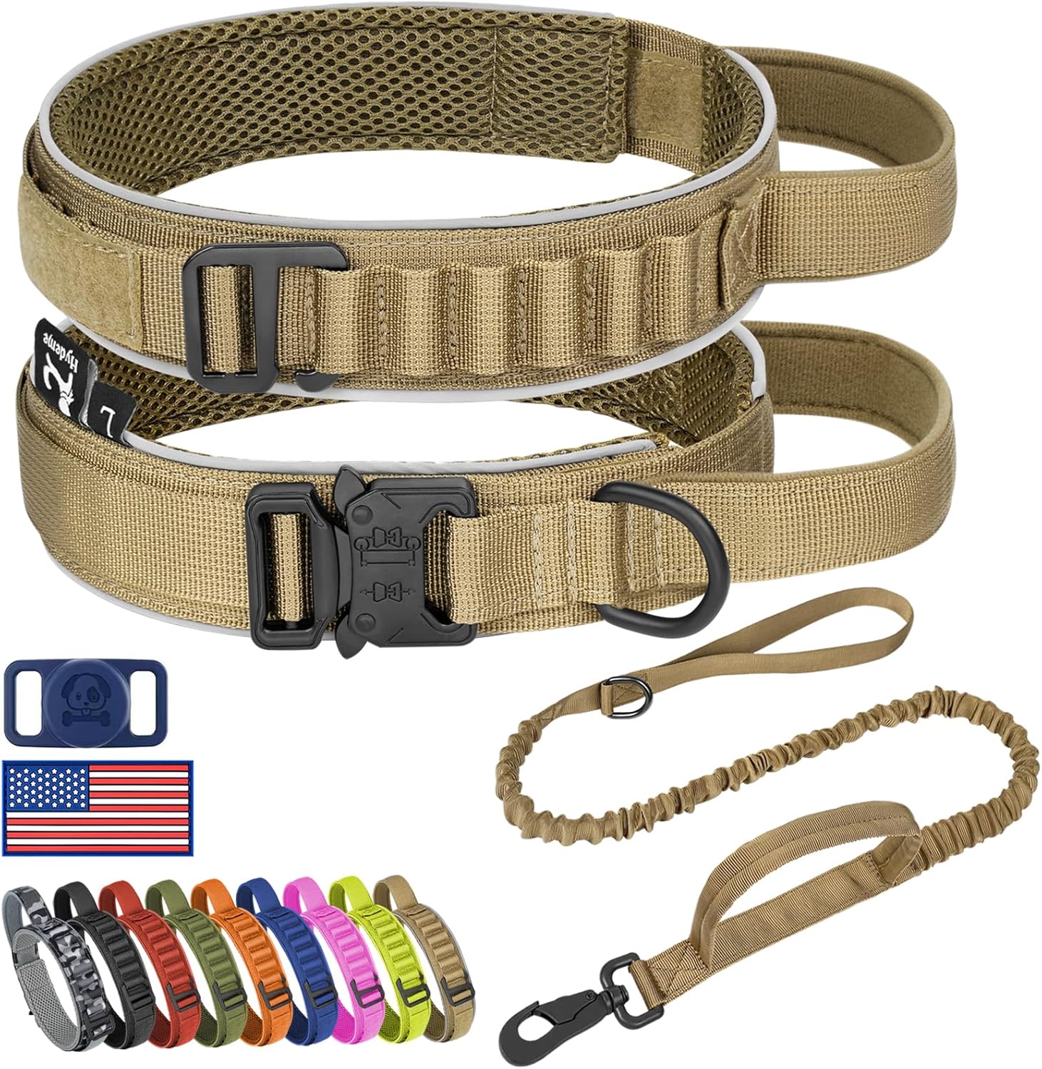 HYDEME Tactical Dog Collar and Leash Set, Alpine Loop Adjustable Reflective Military Training Nylon Dog Collars with Handle Shock Retractable Dog Leash for Small Medium Large Dogs.(L,Brown-Set)
