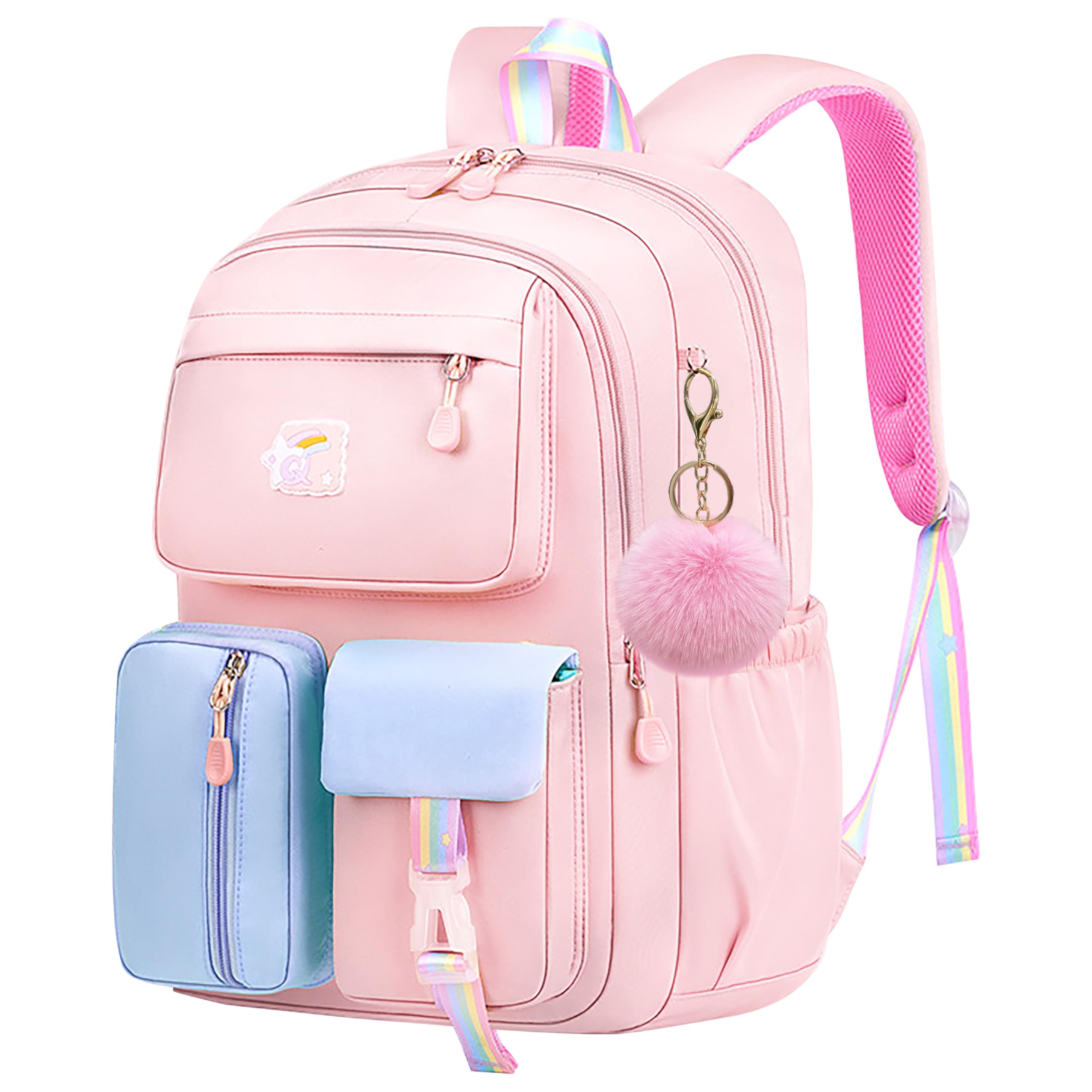 Wood Homing School Bag for Girls with Large Capacity Waterproof Cute Backpack with Laptop Compartment for Teen Kids Kindergarten Daily Multi-Compartment School Backpack with Hairball Pendant