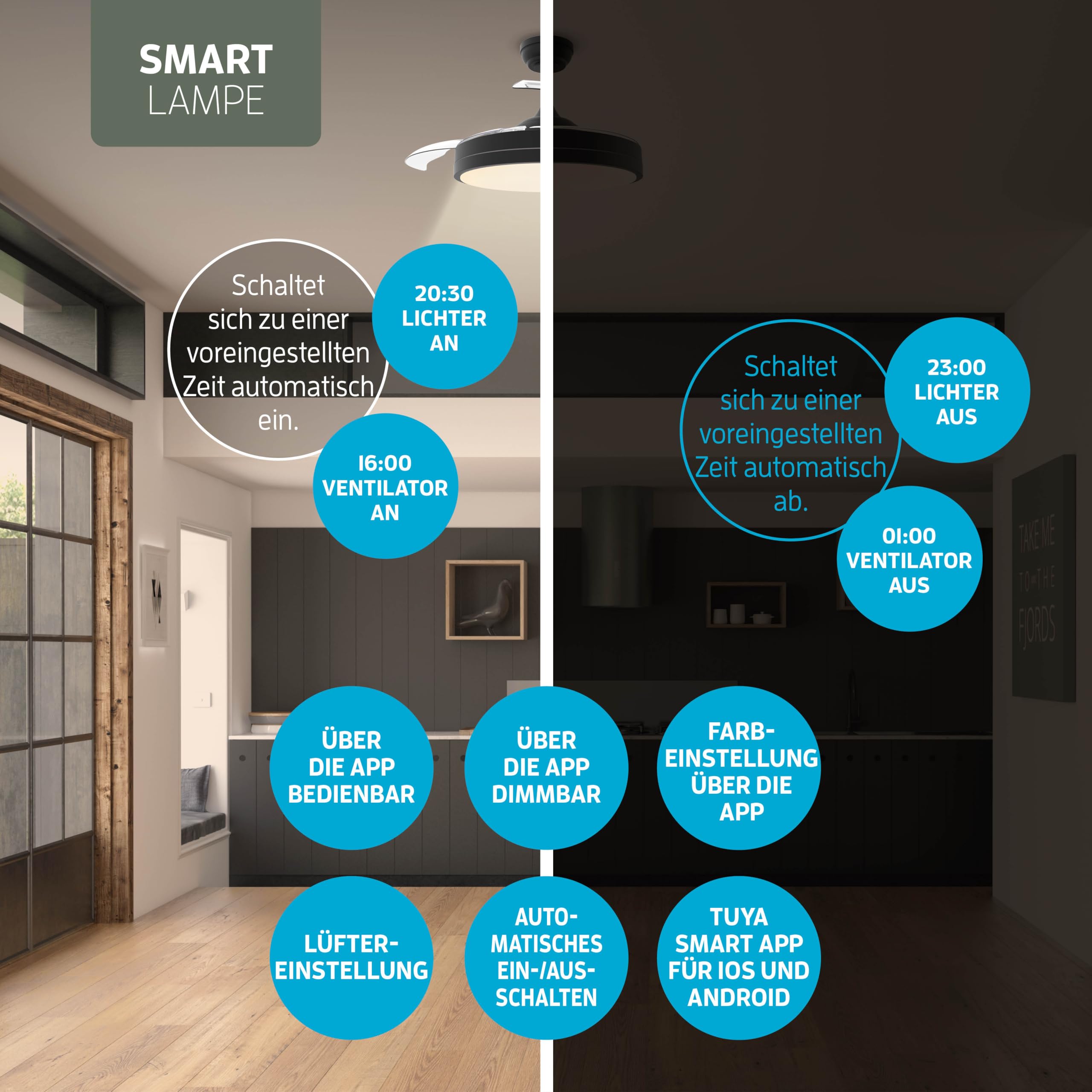Varin® Smart Deckenventilator mit Beleuchtung, Tuya WLAN, Ventilator Leise 20dB, LED 36W RGBW, Fernbedienung, Einziehbare Flügel, Ventilator Lampe Decke, Ø 50 cm/108 cm, Schwarz