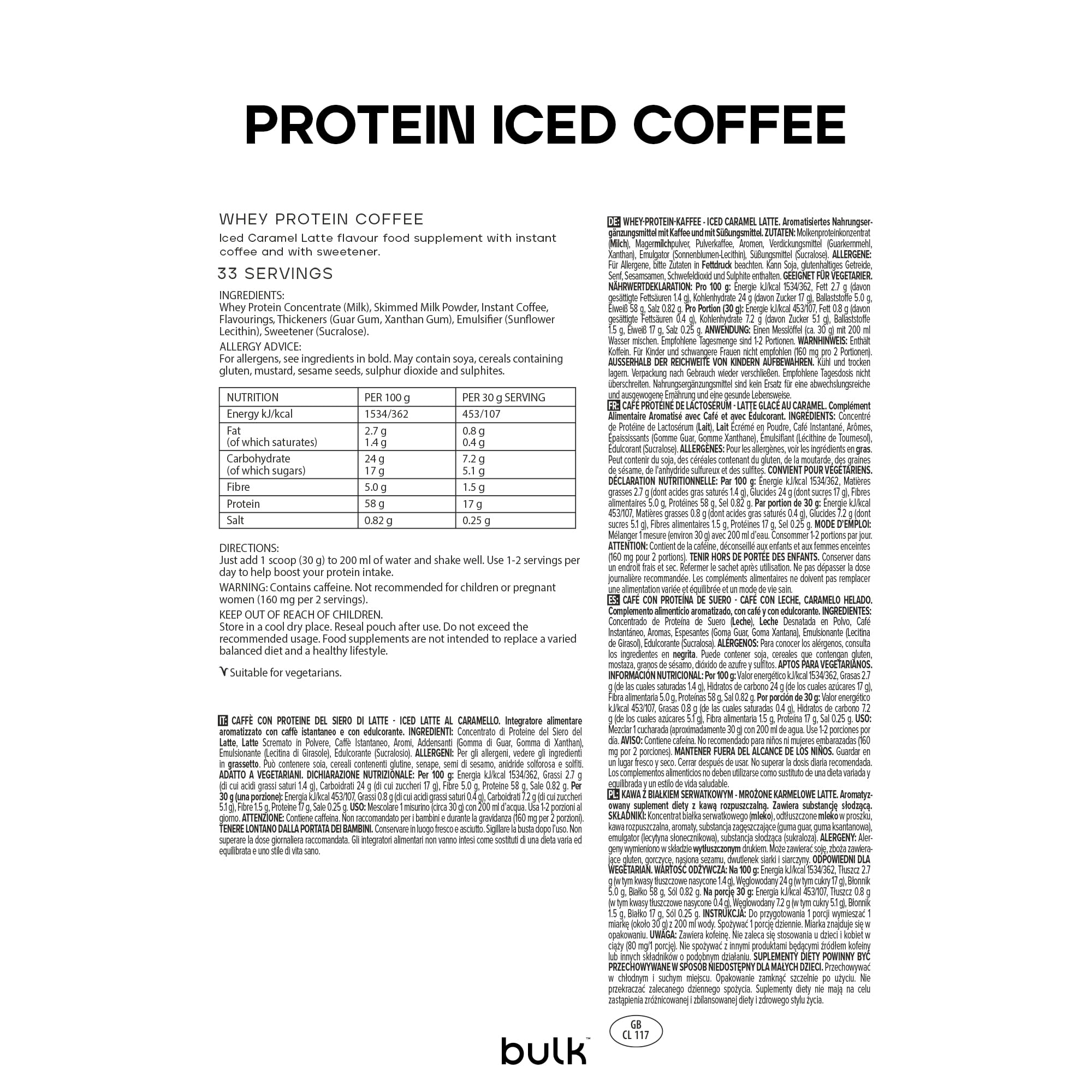 Proteína de Suero de Leche con Café Bulk, Sabor Caramel Latte, 1 kg, 32 Dosis, 17g de Proteína por Dosis, Café Real, Batido Alto en Proteínas para Soporte Muscular