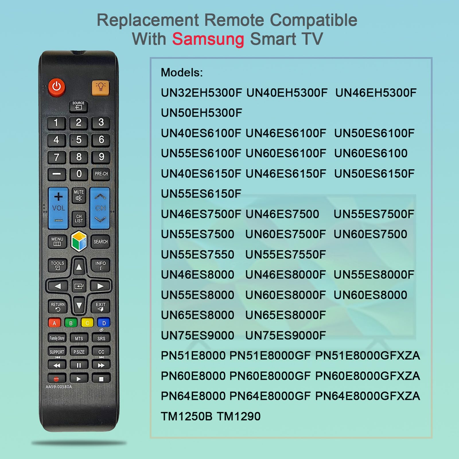 AA59-00580A Zamienny pilot kompatybilny z Samsung TV UN32EH5300FXZA UN40ES6100FXZATS01 UN46ES6100FXZATS01 UN55ES6100FXZATS01 UN60ES6100FXZA UN60ES6100FXZAHH001 UN32 EH5300F UN40EH5300F