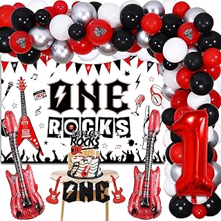 Sursurprise One Rocks 1st Birthday Decorations, Rock and Roll First Birthday Party Supplies, Born To Rock Balloon Garland Arch Kit One Rocks Backdrop Cake Topper for Music Themed Party Decor